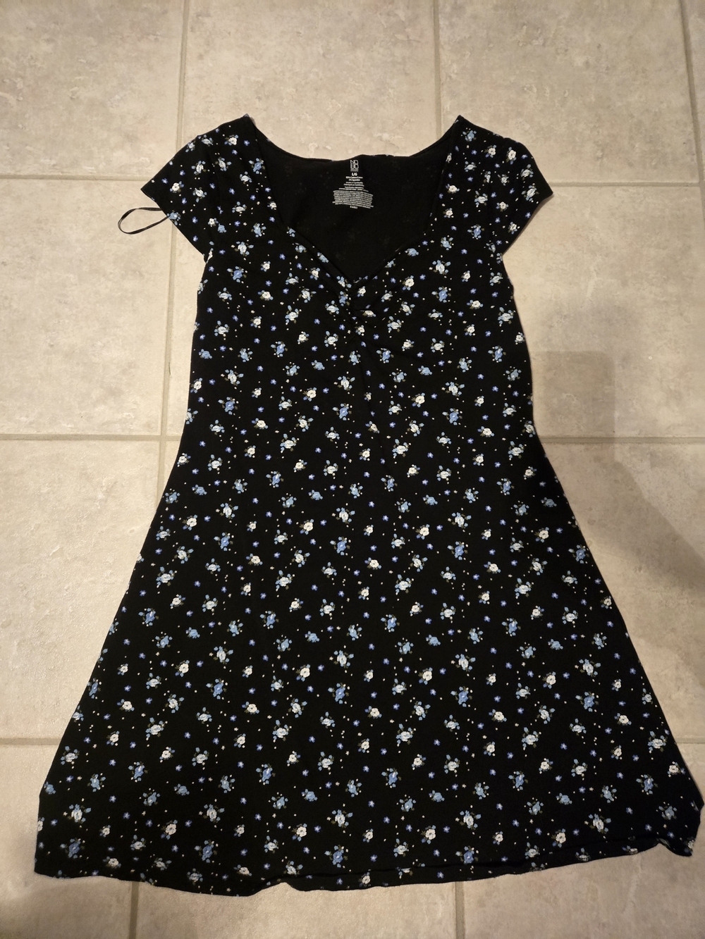Women Black Dress with Blue and White Floral Print